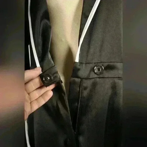 MISSGUIDED Black White Piped Poly Satin Pyjama Tie Wide Leg Jumpsuit 8US 12UK - Picture 8 of 11